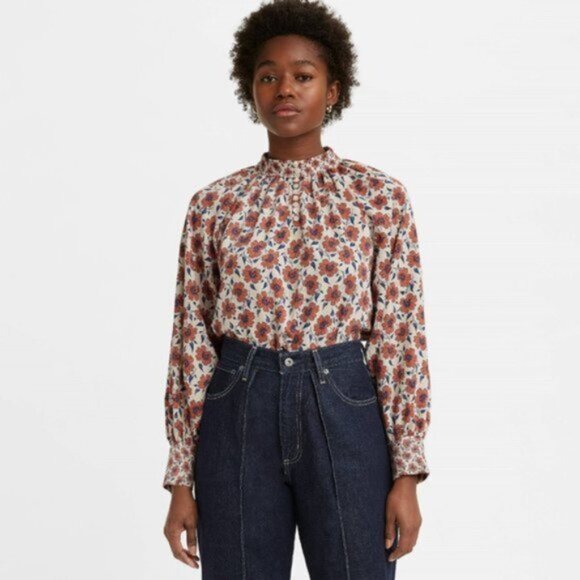 Levi's Blouse Top Gillian Mockneck Floral Pattern Puff Sleeve Size S - Picture 2 of 8